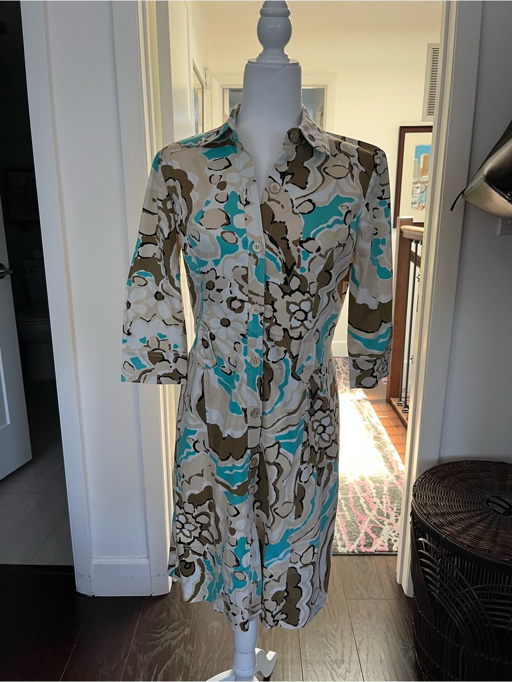 St. John Floral-Print Long Sleeve Shirt Dress in Aqua, Cream & Brown